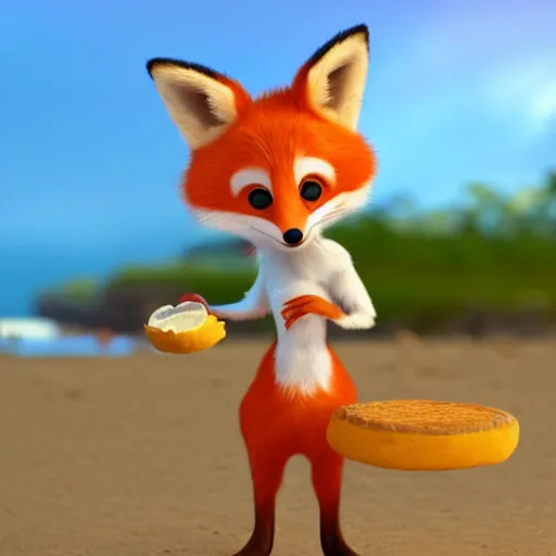Prompt: portrait of a cute fox dancer holding cheese with the beach in background, pixar disney 4 k 3 d render funny animation movie oscar winning trending on artstation and behance, ratatouille style
