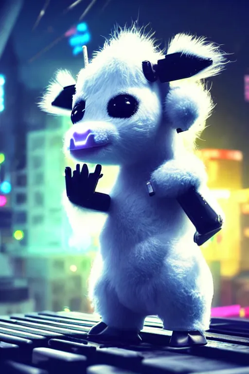 Image similar to high quality 3 d render very cute fluffy! cyborg cow plays guitar, cyberpunk highly detailed, unreal engine cinematic smooth, in the style of blade runner & detective pikachu, hannah yata charlie immer, moody light, low angle, uhd 8 k, sharp focus