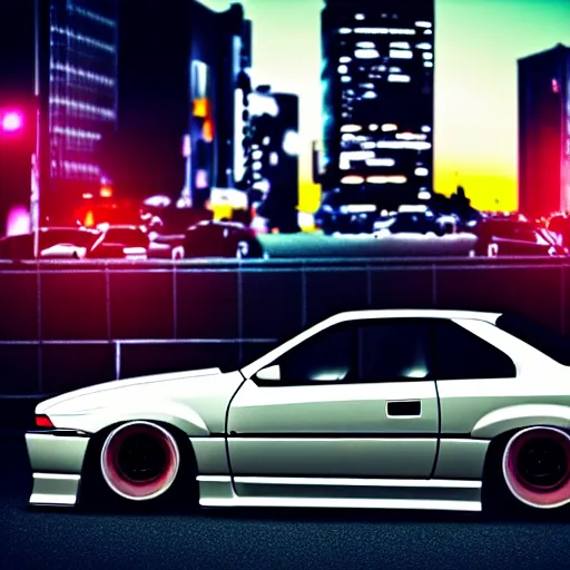 Image similar to a car Nissan Silvia at illegal car meet, Shibuya prefecture, city sunset, cinematic color, photorealistic, highly detailed