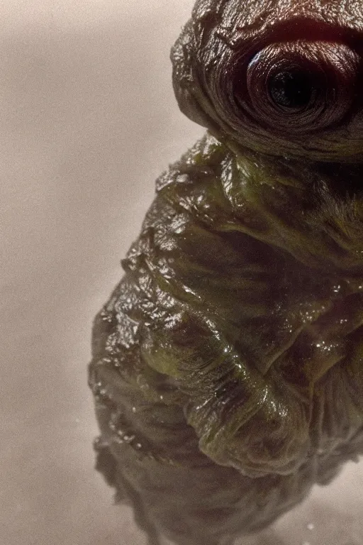 Image similar to a film still a tardigrade, close up face detail, muscular, drenched body, photography, wet dripping hair, emerging from the water