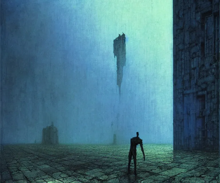 Image similar to tall man consisting of blue translucent shiny material and sparse metallic stripes, standing in ruins in the evening. extremely high details, realistic, fantasy art, solo, masterpiece, art by zdzislaw beksinski, arthur rackham, dariusz zawadzki