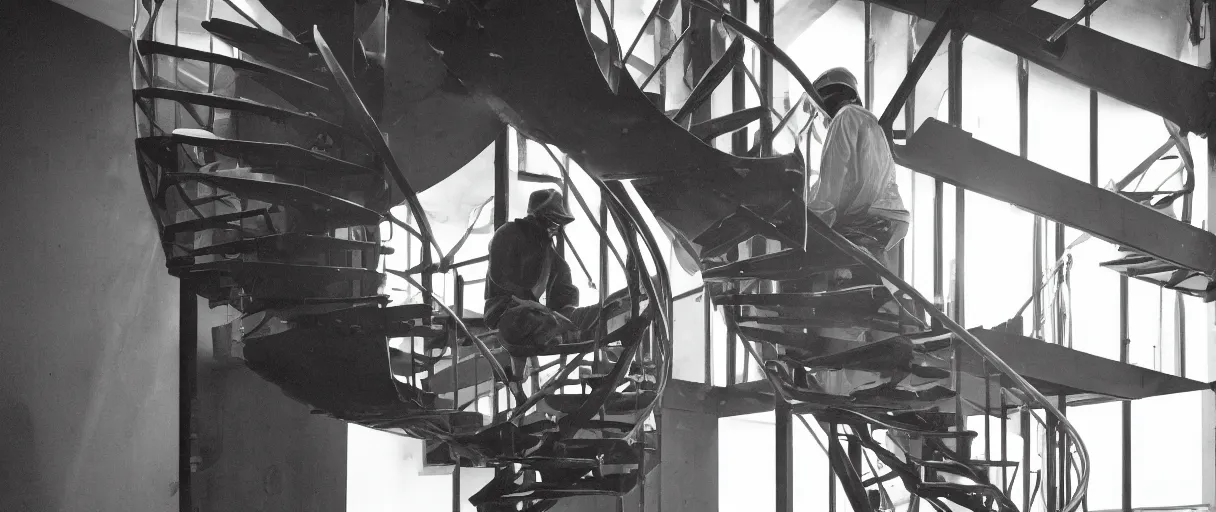 Image similar to frank ocean building a spiral staircase in the centre of the room, inside of a warehouse, greyscale,