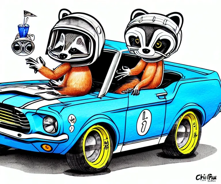 Prompt: cute and funny, racoon wearing a helmet riding in a tiny 1 9 6 7 ford mustang shelby, ratfink style by ed roth, centered award winning watercolor pen illustration, isometric illustration by chihiro iwasaki, edited by range murata