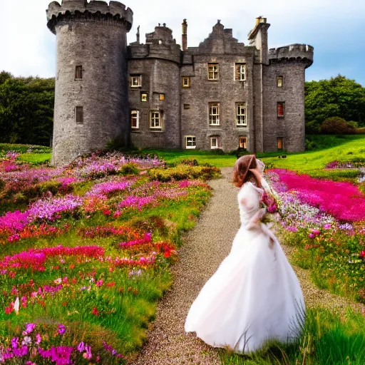 Image similar to a lovely scottish castle in a wide field, surrounded by flowers warm lighting