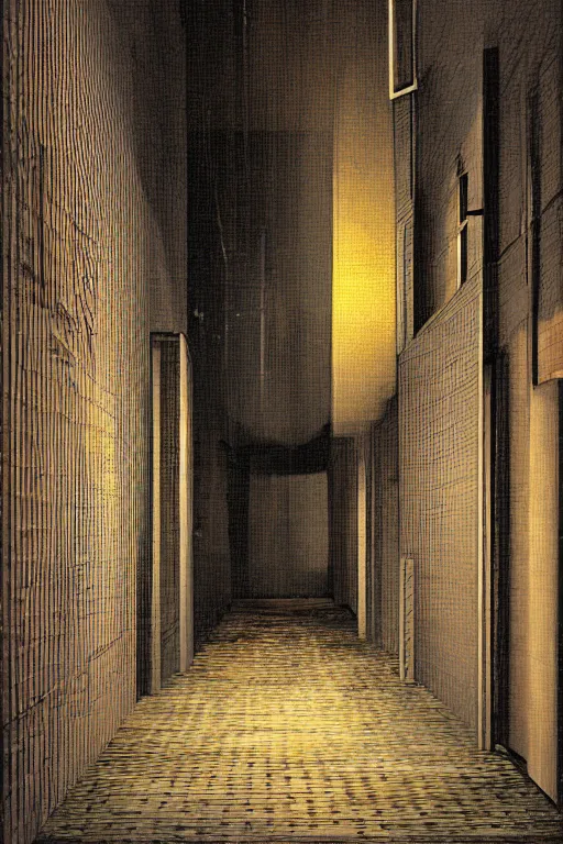 Prompt: a beautiful painting digital of a dark alley room at night with broken windows with wooden crates metal grids by Tadao Ando