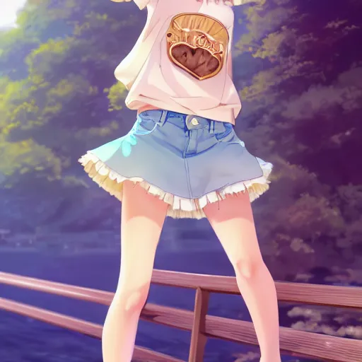 Image similar to a very beautiful anime girl, full body, long golden hair, sky blue eyes, full round face, short smile, short mini jeans skirt, cute top, summer lake setting, cinematic lighting, medium shot, mid-shot, highly detailed, trending on Artstation, Unreal Engine 4k, cinematic wallpaper by Stanley Artgerm Lau, WLOP, Rossdraws, James Jean, Andrei Riabovitchev, Marc Simonetti, and Sakimichan