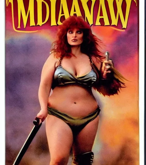 Image similar to 1 9 8 0 s fantasy novel book cover, bbw plus size amazonian bryce dallas howard in extremely tight bikini armor wielding a cartoonishly large sword, exaggerated body features, dark and smoky background, low quality print