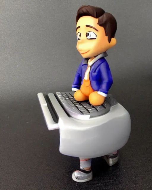 Image similar to a cute little plastic chibi statuette of jerma 9 8 5 on computer, ebay listing, product picture, advertisement, thumbnail