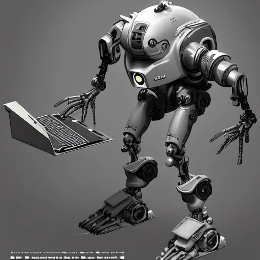 Prompt: scifi hard surface robot getting programmed with computer by eddie mendoza,