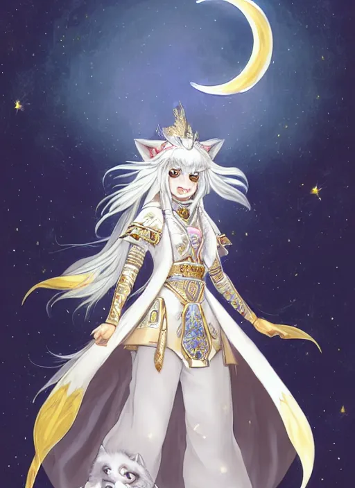 Image similar to commissioned full body portrait of a female anthro wolf princess fursona with white hair wearing a white and gold Japanese armored dress in a white and gold palace on a starry night with a large crescent moon, by a professional manga illustrator, Stanley Artgerm Lau, WLOP, Rossdraws, James Jean, Andrei Riabovitchev, Marc Simonetti, and Sakimichan, trending on artstation