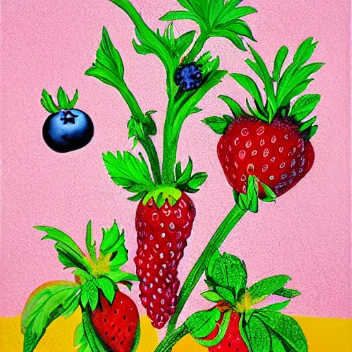 Prompt: “berries, diamonds, pigs, weeds, bagels, pig, strawberries, blueberries, raspberries, pizza, diamonds, pigs, pork, formulae, giant pig, weeds and grass, math equations, crystals, plants, scientific glassware, Acrylic and spray paint and oilstick on canvas, pastel pink, complementary colours, neo-expressionist style”