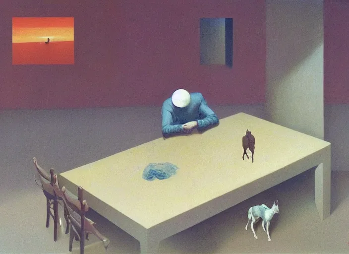 Prompt: painting about a man dining with a horse, science fiction, Edward Hopper and James Gilleard, Zdzislaw Beksinski, highly detailed