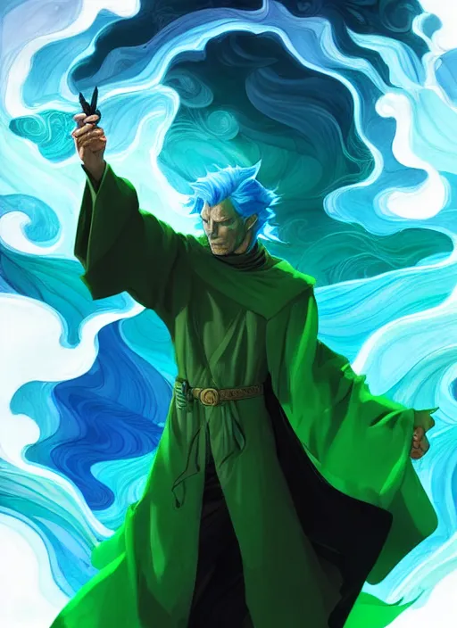 Image similar to style artgerm, joshua middleton, clint eastwood as a mage wearing green pelt robes, blue hair, swirling water cosmos, fantasy, dnd, cinematic lighting