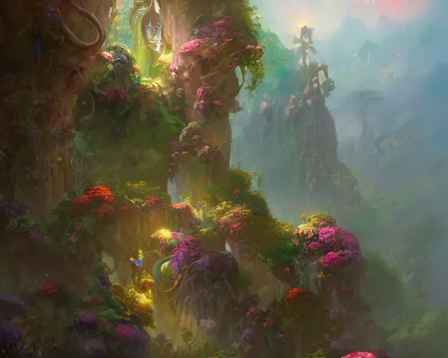 Image similar to An overgrown tall cliff full of vines, big colorful flowers, lush, magical atmosphere, by Peter Mohrbacher, digital art, trending on Artstation