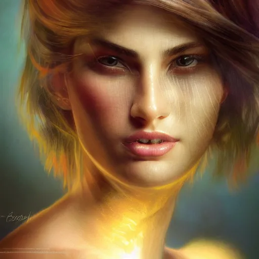 Prompt: half - electric striking woman, complex and hyperdetailed technical, rays and dispersion of light, noise film photo, cute - fine - face, pretty face, oil slick hair, realistic shaded perfect face, extremely fine details, realistic shaded lighting, dynamic background, artgerm, 8 k ultra realistic, highly detailed, carravaggio, craig mullins, alphonse mucha