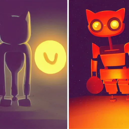 Image similar to an alien cat and a robot, dynamic lighting