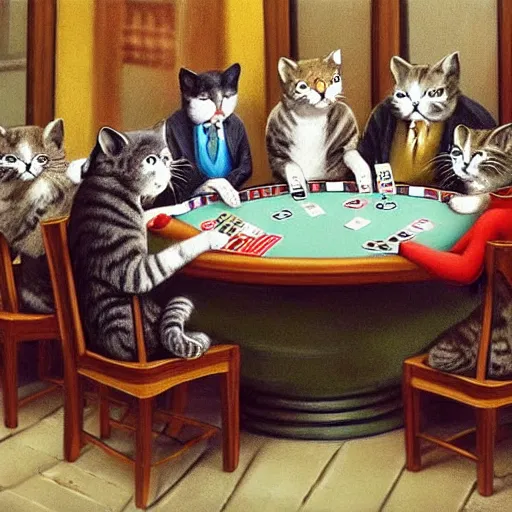 Image similar to cats playing poker, real live scene,