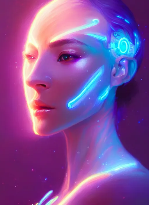 Prompt: a android faceless glowing liquefied stardust adventurer, dnd fantasy character, full body portrait, glowing neon skin, magical aura, ultra realistic, intricate, elegant, highly detailed, digital painting, artstation, smooth, sharp, focus, illustration, art by artgerm and greg rutkowski and alphonse mucha