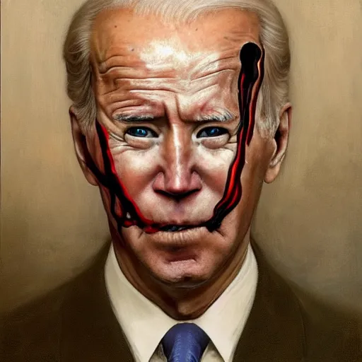 Image similar to presidential portrait of joe biden with oily black fluid pouring from mouth and nose as slenderman, by beksinski, jon mcnaughton, and stephen gammell