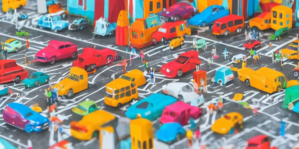 Image similar to paper craft diorama of a colorful city with people and cars