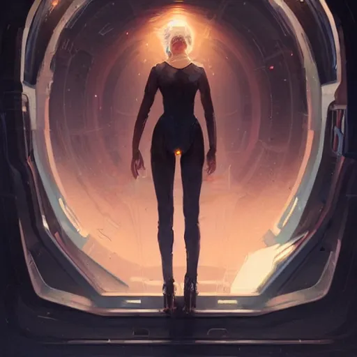 Image similar to scifi art by greg rutkowski, a very tall and slender woman with blond hair, sitting with the crew on the spaceship's bridge, dark lighting atmosphere, detailed portraits, nostalgic atmosphere, scifi, digital painting, artstation, concept art, smooth, sharp foccus ilustration, artstation hq