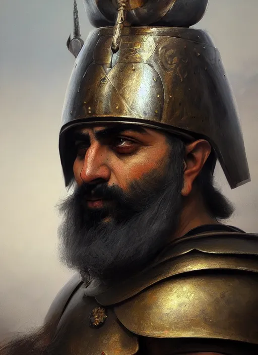 Prompt: portrait of the ancient persian immortal heavy infantry warrior, detailed realism face in painting, detailed beautiful portrait, oil painting masterpiece, 8 k resolution, smooth, sharp focus, trending on artstation, by rembrandt
