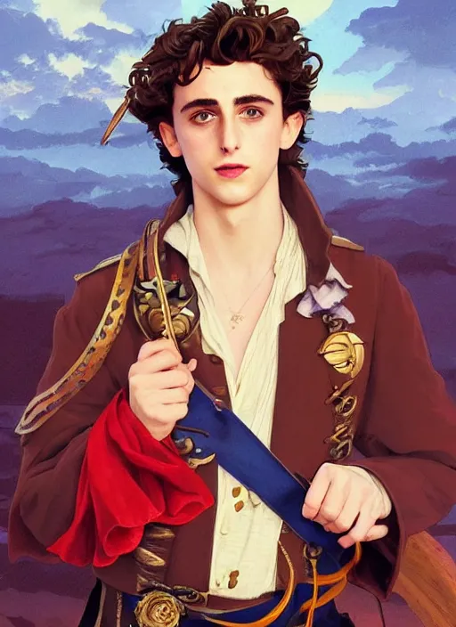 Image similar to cute timothee chalamet as a pirate captain. parrot on his shoulder, natural lighting, path traced, highly detailed, high quality, beautiful digital painting, by don bluth and ross tran and studio ghibli and alphonse mucha, artgerm