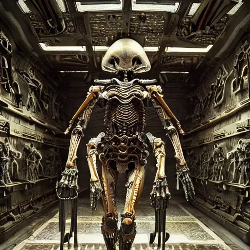 Image similar to still frame from Prometheus movie by giger, necron lord editorial by Malczewski, biomechanical armoured knight by Wayne Barlowe, ornate elaborate complex artifact of death