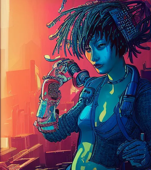 Prompt: a cyberpunk asian woman swims through a vibrant dark alien coral reef, Industrial Scifi, detailed illustration, character portrait, by Martin Grip and Moebius