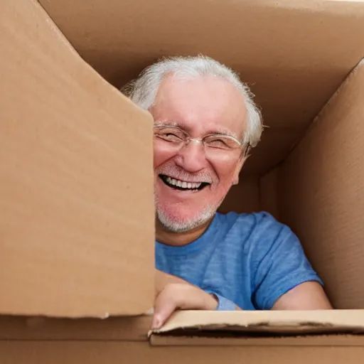 Image similar to an smiling old man peeking through a cardboard box