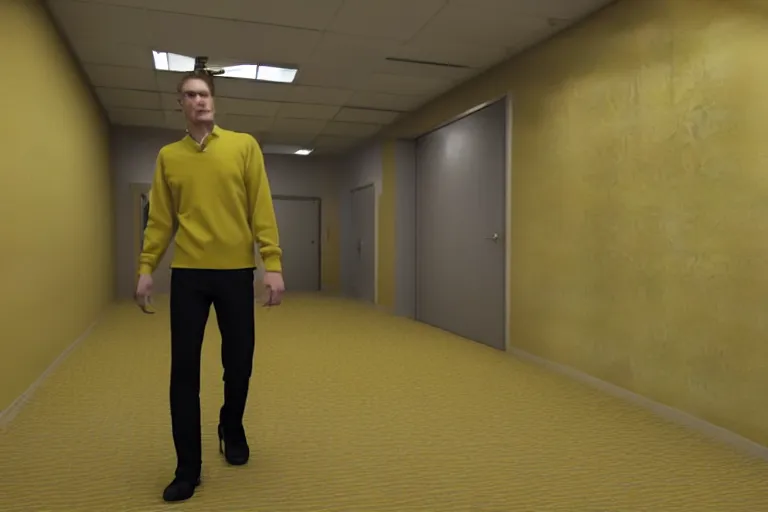 Image similar to 3 d render of jerma 9 8 5, jerma walking around in the backrooms, jerma walking in endless halls of completely empty office space with worn light mono - yellow 7 0 s wallpaper, old moist carpet, and inconsistently - placed fluorescent lighting | liminal space | non - euclidean space | high octane | blender | 3 d render