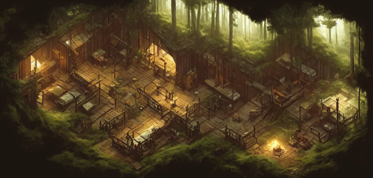 Image similar to concept art of an inside of a cabin in the woods, isometric view, detailed, volumetric lighting, style of greg rutkowski