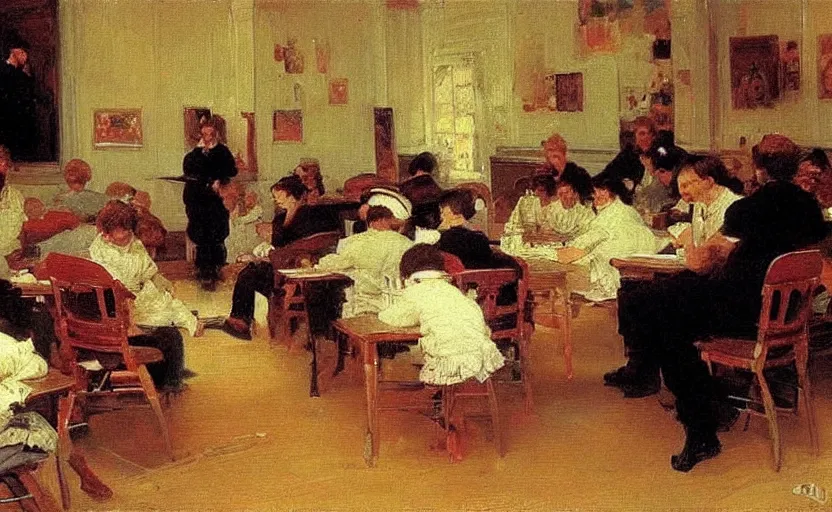 Prompt: high quality high detail painting by ilya repin, classroom, teacher explaining quantum theory, hd