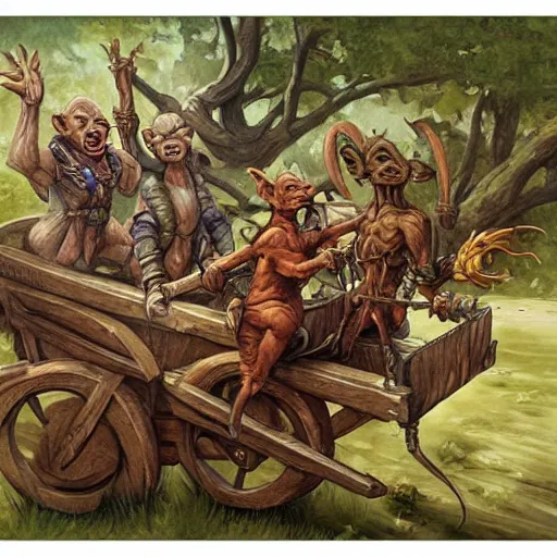 Prompt: painting of goblins riding in a slapdash wooden cart, fantasy art, magic : the gathering art, by diterlizzi