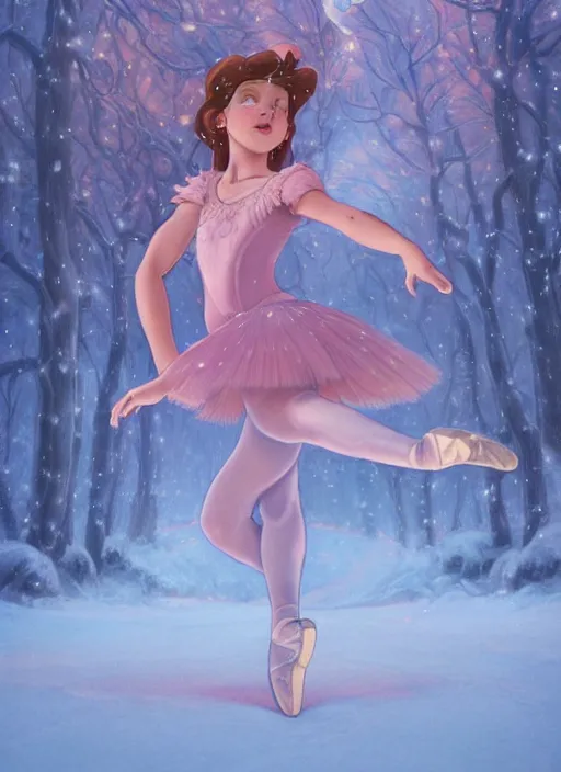 Image similar to well - lit art nouveau portrait of a 1 3 - year old ballet girl dancing in the snow, natural lighting, path traced, highly detailed, high quality, cartoon, digital painting, by don bluth and ross tran and studio ghibli