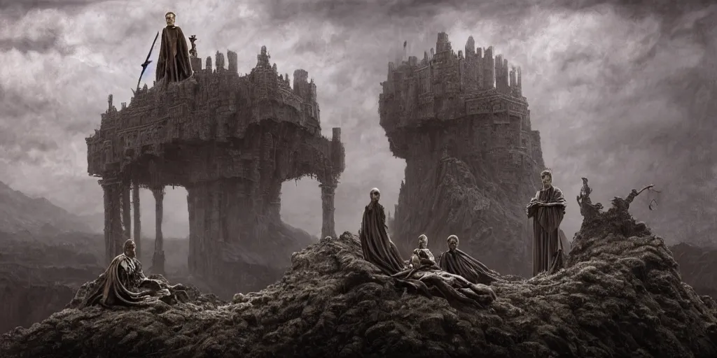 Image similar to Jack Gleeson as King Joffrey Baratheon sitting on the Iron Throne, Les Edwards, Zdzislaw Beksinski, Carl Gustav Carus, John Harris, Michal Karcz, Zhang Kechun, Mikko Lagerstedt, Scott Listfield, Steven Outram, Jessica Rossier