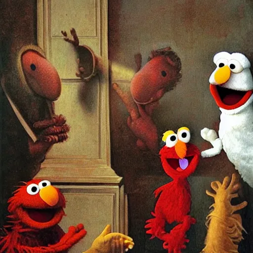 Prompt: A religous painting of Elmo from Sesame Street talking to his followers who are muppets, painted by Michelangelo.