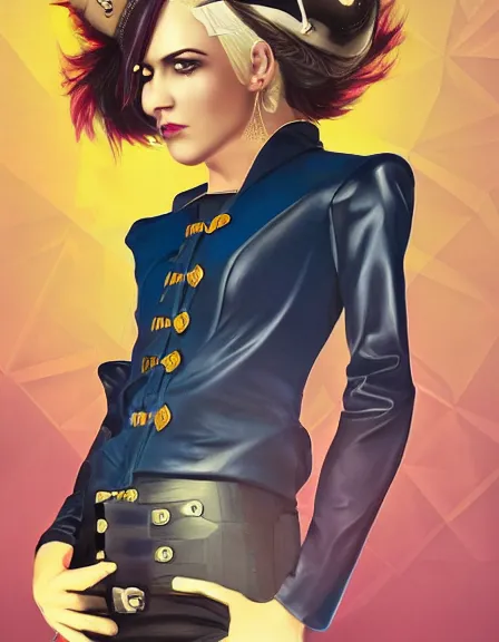 Image similar to smart female pirate captain 2 6 years old, bob haircut, fully clothed, wise, beautiful, portrait by stanley artgerm, dramatic lighting, trending on artstation, flat colour, geometric curves, gradient filter, red and purple and yellow back light, art deco pattern, sharp focus