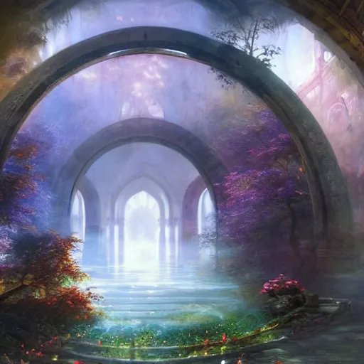 Prompt: large intricately decorated arch, view to a fantasy world, ethereal back light, mist, coherent composition, fantasy painting by artgerm, greg rutowski, noriyoshi ohrai, yuumei