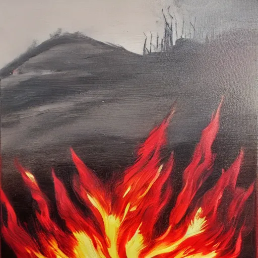Prompt: red black and white oil painting of a duck standing on a hill looking at a burning city, high detail