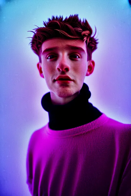 Image similar to high quality pastel coloured film mid angle portrait photograph of a beautiful young 2 0 year old male, soft features, short hair, perspex space visor and oversized inflated clothing!!!! icelandic black! rock pool environment. atmospheric three point light. photographic. art directed. ( pastel colours ). volumetric. clearcoat. waves. 8 k. filmic.