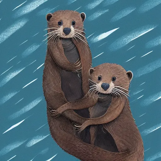 Image similar to illustration hyper detailed otters holding hands in a huge storm cinematic trending on artstation masterpiece