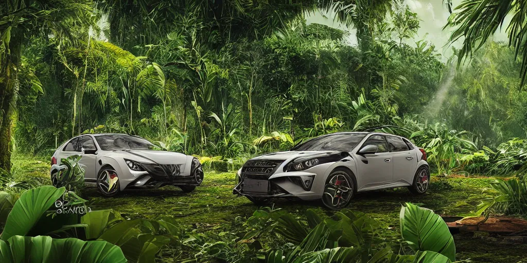 Image similar to Amazonian jungle with tropical plants and leaves falling from tree and a Cupra car placed in the center of the frame , unreal 5, hyperrealistic, realistic, photorealistic, dynamic lighting, highly detailed, cinematic landscape, studio landscape, studio lighting