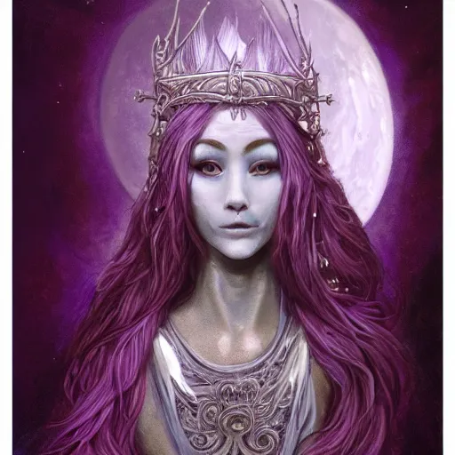 Prompt: painting of prophetess of the moon, silver filigree armor and tiara, moon above head, purple wavy hair, translucent skin, wide striking eyes, beautiful! coherent! by brom, by junji ito, by brian froud, strong line, high contrast, muted color, preraphaelite style, 4 k, trending on artstation