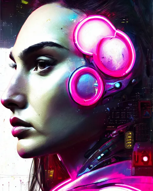 Image similar to detailed side profile portrait Gal Gadot, cyberpunk futuristic neon, reflective puffy coat, decorated with traditional Japanese ornaments by Ismail inceoglu dragan bibin hans thoma greg rutkowski Alexandros Pyromallis Nekro Rene Maritte Illustrated, Perfect face, fine details, realistic shaded, fine-face, pretty face