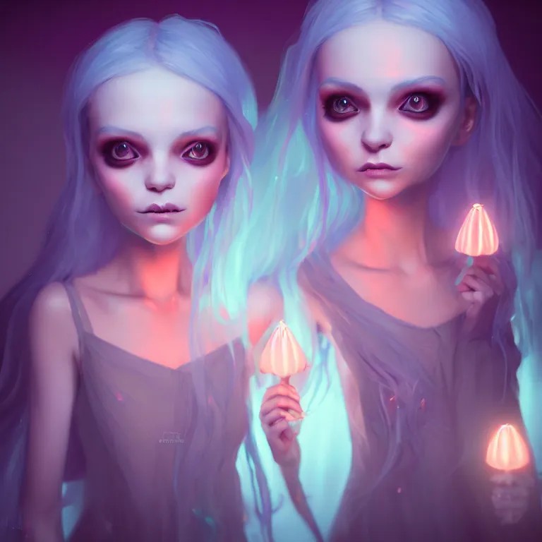 Prompt: super cute Bioluminescent twins gothic lolitas character concept, soft light, soft mood, realistic body features and face, illustration, painting oil on canvas by Elena Zhurikhina and Goro Fujita and Charlie Bowater, octane render trending on artstation, 4k, 8k, HD