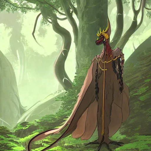 Image similar to concept art painting of an anthropomorphic dragon king with black robes, a long neck, and skull mask, in a deep forest, cel shaded, in the style of makoto shinkai and james gurney and studio ghibli and moebius