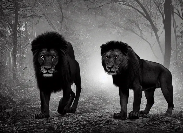 Image similar to professional wildlife photograph of a black lion standing in a dark jungle at night, surrounded by surreal trees, cinematic lighting, apex predator, natgeo