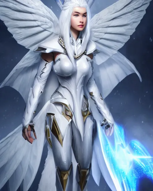 Image similar to perfect white haired attractive egyptian goddess with huge white dove wings, warframe armor, beautiful, symmetric, khaleesi, half asian, pretty face, blue eyes, detailed, scifi platform, laboratory, experiment, 4 k, ultra realistic, epic lighting, android body, illuminated, cinematic, masterpiece, art by akihito tsukushi, voidstar