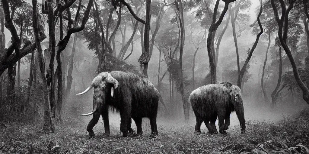 Image similar to a Sebastião Salgado's photograph of a mammoth walking in a dense tropical forest, 4k, award wining